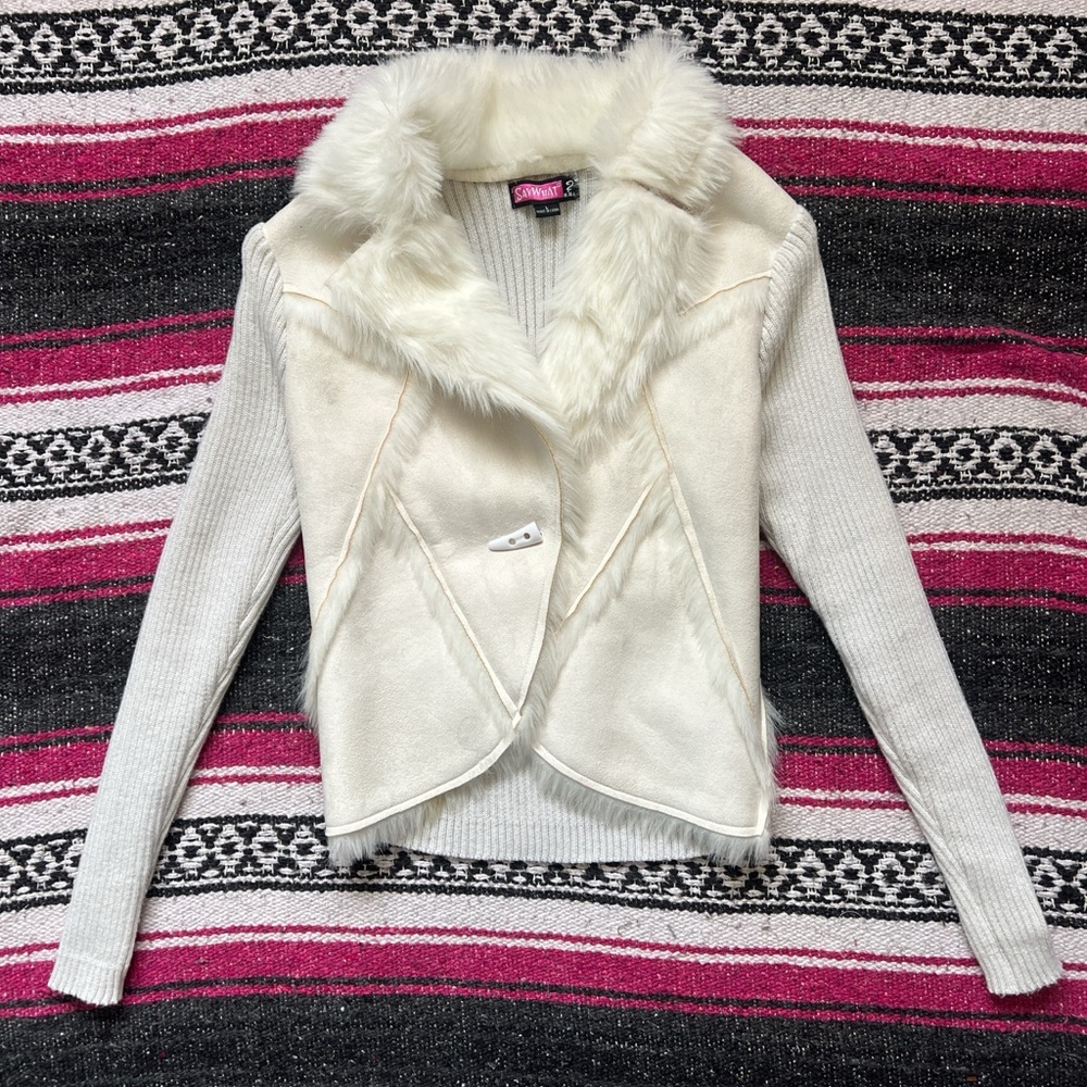 Say What? White Cream Faux Suede Fur Rib Knit Y2K Bratz 2000s Diva Jacket Size L